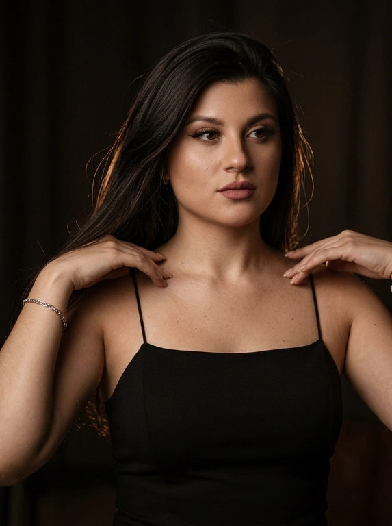 Ultra-realistic cinematic fashion portrait, moody editorial style. Elegant, refined, sophisticated atmosphere. Waist-up shot. A woman in soft low light, both hands raised near the collarbone, fingertips lightly touching the thin straps of her top, elbows relaxed and lowered, shoulders soft. Head slightly turned to the side, thoughtful gaze directed away, calm and confident expression. Long dark hair falling over one shoulder. Evening glam makeup: defined winged eyeliner, full lashes, soft face contouring, dusty-rose matte lipstick. Fitted black sleeveless top with thin straps and a square neckline, matte fabric; delicate silver bracelet on the wrist. Minimalist warm dark-toned interior, plain softly textured background fading into deep shadow, subtle warm light on the wall behind. Low-key lighting, soft warm side light emphasizing the collarbones, shoulder line and cheekbones. Deep cinematic shadows for volume and dramatic mood. 85mm f/1.4, shallow depth of field, focus on the eyes and face, soft background blur. Natural realistic skin texture, visible pores, no plastic retouching.

Какая будет прическа?: Волосы: перекинутые на одно плечо. Текстура волос гладкая и шелковистая, с отдельными тонкими прядями, подсвеченными теплым светом.