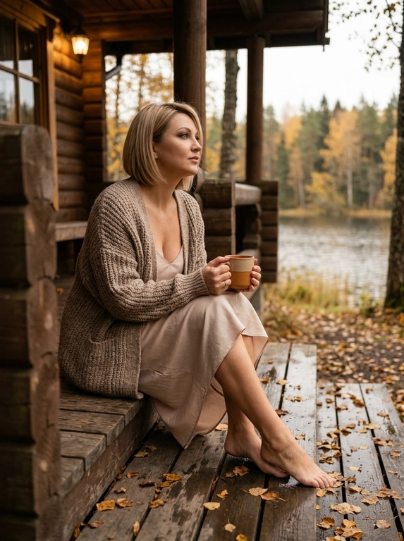 A cozy cinematic photo of a woman sitting on the wooden porch of a rustic lakeside cabin in autumn. She is wearing a cozy oversized knitted cardigan over a light slip dress, holding a warm ceramic mug with both hands. Barefoot, sitting with legs curled up slightly, looking away thoughtfully towards the scenic view of a lake and autumn forest with fallen leaves scattered on the wet wooden floorboards. Soft warm interior lighting blending with overcast daylight, rich warm brown and orange color tones, moody, peaceful, highly detailed, photorealistic.