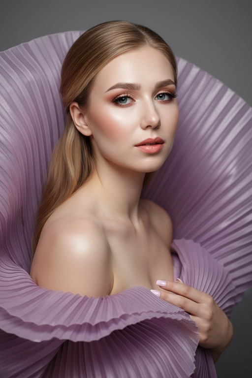    Создайте гиперреалистичный профессиональный студийный портрет женщины с волосами, уложенными на ровный пробор посередине, которые каскадом ниспадают на левое плечо (справа от зрителя) и частично скрыты за правым плечом (слева от зрителя). Камера снимается с немного низкого уровня глаз, глядя прямо на модель, охватывая ее от середины груди и выше. Голова слегка наклонена, взгляд прямой и притягательный.
Ее кожа безупречно гладкая и интенсивно сияет, словно подсвеченная мощным, сфокусированным источником света, подчеркивая мельчайшие поры и естественную текстуру кожи с сияющим, почти воздушным свечением, особенно в области декольте, плеч и верхних линий лица.

Её макияж тщательно проработан:
Глаза: чётко очерченные, ухоженные брови с заметными волосками, мягкие тени тёплых тонов (персиково-розовые и светло-коричневые) с лёгким мерцанием, чёткая чёрная подводка для глаз, создающая нежный кошачий взгляд, и идеально распущенные, объёмные ресницы, подчеркивающие каждую ресничку, с лёгким акцентом на нижних ресницах. Во внутреннем уголке глаза выделяется яркий блик. Радужки глаз отражают рассеянный студийный свет с изысканными узорами.
Щёки: лёгкий, растушёванный румянец натурального розового или персикового оттенка, изящно очерченные скулы и интенсивный, почти влажный блик на выступающих частях лица (скулы, переносица, дуга Купидона), создающий эффект увлажненности и сияния. Губы: губы нежного, естественного кораллово-розового или розово-персикового цвета с мягким атласным финишем, подчеркивающим тонкие естественные линии и текстуру губ, с лёгким бликом на дуге Купидона.

Она изящно одета в объёмную, струящуюся ткань с изящной плиссировкой, напоминающую прозрачный атлас или шёлк. Плиссированная ткань эффектно обрамляет фигуру, создавая объёмную, почти органичную форму, которая высоко поднимается за головой и огибает левое плечо (правое для зрителя), изящно струясь по груди и открывая обнажённые плечи. Материал обладает лёгким, сияющим блеском и мягкой полупрозрачностью, улавливая и отражая студийный свет, подчёркивая его роскошную текстуру и плавные движения. Складки очень детализированы, создавая глубокие тени и яркие блики, которые подчёркивают волнистую форму, а некоторые участки ткани также демонстрируют повышенную светоотражающую способность. Её правая рука (левая для зрителя) нежно касается ткани у груди, на ней видны ухоженные ногти. Освещение выполнено по принципу софтбокса, но с более сильным, концентрированным основным светом для создания интенсивного свечения, сохраняя при этом мягкие тени, которые подчёркивают черты её лица и изгибы плеч без резкости. Фон — гладкий, однотонный средне-серый, обеспечивающий чистый контраст и полностью фокусирующийся на модели. Общее впечатление — утончённая элегантность, изящество и гиперреалистичная детализация, передающая каждый нюанс её красоты, выражения лица и сложную текстуру её волос, кожи и одежды. Черты лица и особенности её внешности должны быть точно воспроизведены с референсной фотографии. Плиссированная ткань пыльно-лавандового цвета 