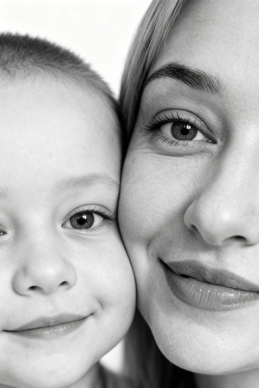 Сверхреалистичная черно-белая художественная фотография 8K женщины и ребенка, снятая очень крупным планом, щека к щеке так что видны только правая половина лица женщины и левая половина лица ребенка. которые смотрят в камеру. Их лица расположены рядом, почти соприкасаясь, образуя идеально сбалансированную симметричную композицию. Каждая деталь передана с фотографической точностью: тонкая текстура кожи и плавные градиенты света и тени. Видимая половина женщины включает ее бровь, один глаз , часть ее носа, щеку и губы, слегка приоткрытые в нежной, естественной улыбке, Видимая половина ребенка включает один глаз , круглую мягкую щеку, часть носа и небольшую улыбку, Фон белый и слегка размытый, что подчеркивает эмоциональную близость между ними. Освещение мягкое и рассеянное, создает деликатный контраст и тональную глубину. На снимке запечатлены нежность, близость и связь между матерью и ребенком, запечатленные с потрясающей реалистичностью. Не меняй черты лиц. 