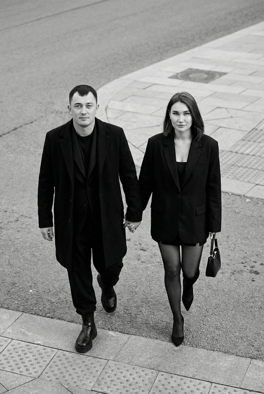 Черно-белая художественная фотография, ультрареализм, 8K, профессиональная съёмка; (оба): в кадре мужчина и женщина; каждый персонаж жёстко привязан к своему загруженному референсу, лица используются напрямую, без генерации, усреднения, подмены или смешения. Вид сверху под углом. Они идут по городской улице, держась за руки; шаг в движении, эффект «пойманного кадра». Смотрим вверх в камеру, выражение спокойное, уверенное, отстранённое.
Полностью чёрные образы modern classic: женщина — оверсайз-пиджак, короткое платье/юбка, плотные колготки, остроносые каблуки, маленькая сумка; мужчина — длинное пальто, свободный костюм, массивные ботинки.
Фон: асфальт, плитка, тактильная дорожка, геометрия.
Контрастный свет, мягкие тени, высокая детализация тканей.
Стиль: black & white, cinematic, high fashion, editorial, minimalism, street photography.
Качество: ultra high resolution, sharp focus, film grain, без ретуши.