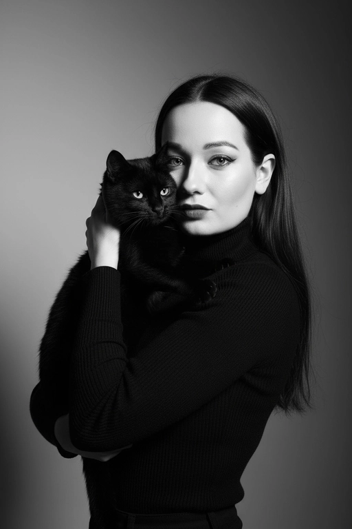 Высококонтрастный черно-белый портрет женщины в черной водолазке, держащей чёрную кошку у лица. Композиция напряжённая и интимная: оба персонажа смотрят прямо в камеру с одинаковой интенсивностью. Яркое и направленное освещение создаёт глубокие тени и подчёркивает контраст между их бледной кожей и тёмной шерстью кошки. Выражение её лица спокойное и уверенное, глаза подведены чётко, а гладкие прямые волосы естественно ниспадают на одно плечо. Фон - градиент от серого к темно-серому. Общее настроение таинственное, элегантное и кинематографичное, напоминающее портрет из модного журнала с готическим подтекстом.