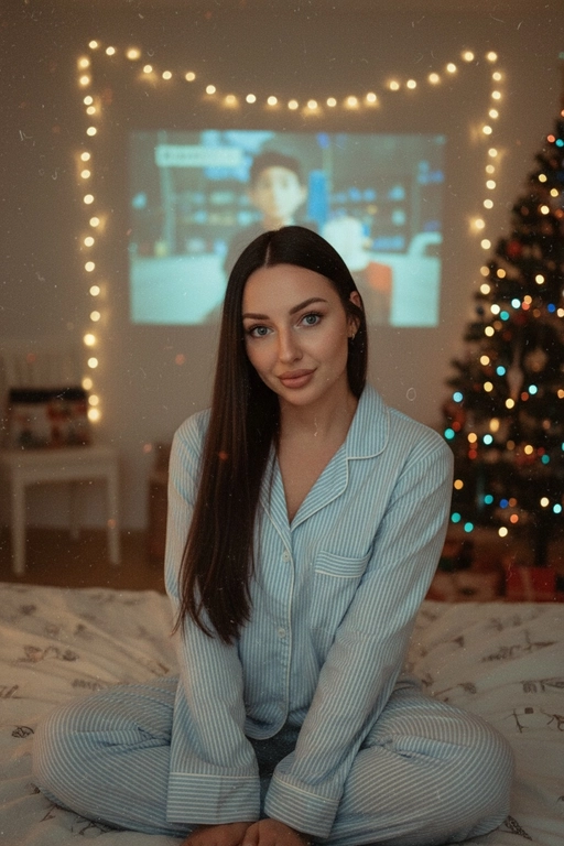 Атмосферный портрет человека, сидящий на кровати в уютной комнате. Не меняй черты лица ни на 1%. Человек смотрит в камеру. На человеке хлопковая голубая пижама в белую полоску. 
Теплое освещение от мерцающих гирлянд и рождественской ёлки. На заднем плане - проекция с фильмом или мультфильмом создающая нотку ностальгии.
Кинематографичный кадр, малая глубина резкости, волшебная и уютная атмосфера. Фото в стиле 90-х, ретро -фильтр. Зернистость Фильм один дома 
