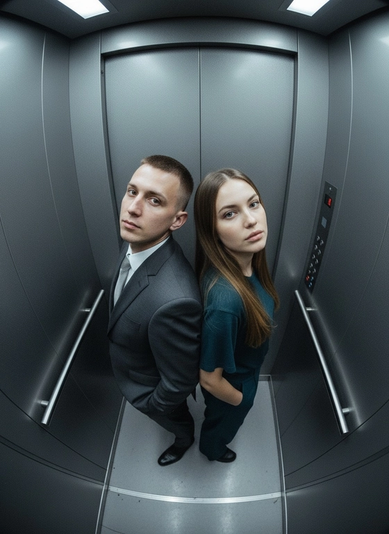 Используй предоставленные изображения и создай фото с двумя людьми в лифте с металлическими стенами. Цветовая гамма с преообладанием серых металлических оттенков. Кадр снят с максимально верхнего ракурса, люди будто заглядывают в камеру, их головы подняты наверх, взгляд в камеру. Легкий эффект fish eye. Реалистичное фото. Зернистость пленочного фото, насыщенные цвета, стиль фото y2k. Сохрани черты лица людей. Они стоят спиной друг к другу. Руки в карманах.у девушки волосы прямые . Никто не улыбается 