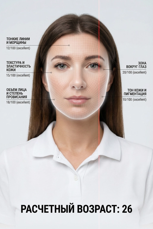 Гиперреалистичная портретная инфографика высокого разрешения на основе моей фотографии. Сохраняется тот же человек, та же внешность, прическа, одежда и естественный тон кожи, на нейтральном студийном фоне. На лицо накладывается тонкая полупрозрачная сетка анализа — аккуратные белые линии, как у 3D-сканирования, мягкое слабое свечение без перекрытия деталей кожи. По одной стороне лица проходит одна вертикальная красная лазерная линия в стиле технологичного сканирования. Сделайте минималистичную медико-эстетическую инфографику с 5 метками факторов старения. Каждая метка — тонкая указательная линия к области лица, рядом короткий заголовок и честная оценка по 100-балльной шкале (0 — отличное состояние, 100 — максимальные признаки возрастных изменений), основанная на визуальном анализе и глобальных данных: Тонкие линии и морщины, Текстура и эластичность кожи, Объем лица и степень провисания, Зона вокруг глаз, Тон кожи и пигментация. Типографика — современная, техническая, без засечек, стиль медицинского интерфейса. В нижней центральной части кадра крупным жирным шрифтом укажите итоговый предполагаемый возраст: «РАСЧЕТНЫЙ ВОЗРАСТ: (число на основе анализа)». Общий стиль — премиальный футуристический AI-анализ кожи, чистый, минималистичный, подходящий для любого человеческого лица.