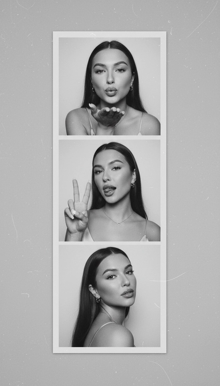  Используя мою фотографию в качестве референса для лица и волос, не изменяя исходные черты лица и сохраняя верность моим физическим характеристикам, создайте ленту из фотографий в ч/б с тремя вертикальными белыми рамками. Лента выглядит так, будто лежит на столе или фоне. Фотографии выглядят профессионально , как будто из настоящей фотобудки. 

В каждой рамке по центру расположены портрет и фотография погрудной проекции одного и того же человека. Взгляд прямо в камеру.

Общая эстетика винтажная, с лёгкой зернистостью и выцветшим качеством, напоминающая классическую аналоговую фотографию. Но при этом изображение выполнено в высоком разрешении. На светло-сером фоне видны едва заметные следы пыли и царапин. Лица человека на белом фоне. 
НЕ ИЗМЕНЯЙТЕ МОЁ ЛИЦО. На верхнем фото девушка посылает зрителю воздушный поцелуй, поднеся правую руку ко рту и слегка поджав губы. Выражение её лица игривое и дружелюбное.  На среднем фото девушка мило и игриво показывает знак мира, высунув язык. Брови слегка приподняты. На нижнем фото девушка позирует, отвернувшись к плечу, смотрит прямо в камеру с более спокойным и уверенным выражением лица. Губы мягко сжаты, взгляд прямой и чувственный. ОДЕЖДА: На ней маленькие серьги-кольца и изящное ожерелье с символом бесконечности поверх светлого атласного или шёлкового топа. На ней естественный макияж, включая глянцевый блеск для губ, лёгкую подводку для глаз и кукольные нарощенные ресницы, без излишеств. У неё квадратный французский маникюр. 