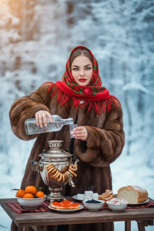  Создай насыщенный, атмосферный, зимний портрет на улице. Я нахожусь в заснеженном лесу, окруженном елями, и стою за столом, накрытым для традиционного чаепития. На мне надета большая, пушистая, роскошная, дорогая, шуба из натурального баргузинского соболя, яркий русский платок (павлопосадский платок) красного цвета, повязанный на голову, с акцентом на красной помаде. Правой рукой наливаю прозрачную жидкость из большой хрустальной бутылки в маленький стеклянный бокал. Я смотрю в камеру .На столе стоит старинный серебряный самовар, украшенный связками золотистых баранок, а также миски с мандаринами, русскими сладостями, бутерброды с красной икрой, черная икра в маленькой миске, нарезанный батон.
Зимний лес, всё покрыто инеем и мягким снегом. Качество: реалистичная фотография, кинематографический свет, мягкое боке, теплый тон, детальная проработка меха и узоров на платке.