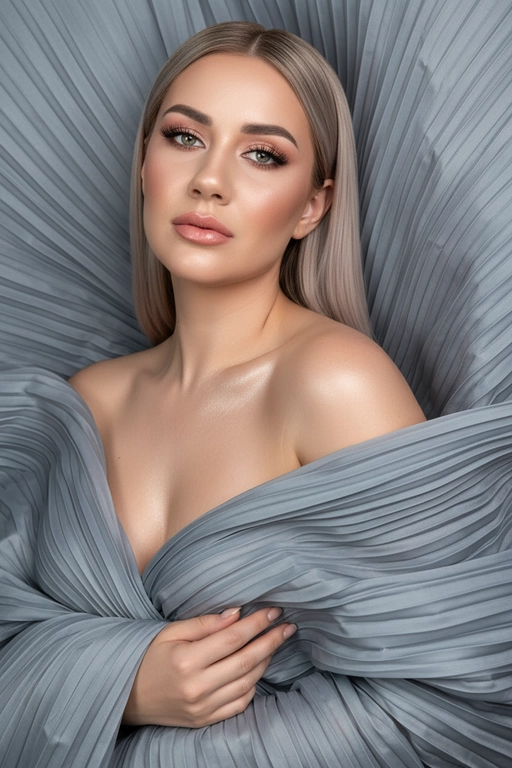    Создайте гиперреалистичный профессиональный студийный портрет женщины с волосами, уложенными на ровный пробор посередине, которые каскадом ниспадают на левое плечо (справа от зрителя) и частично скрыты за правым плечом (слева от зрителя). Камера снимается с немного низкого уровня глаз, глядя прямо на модель, охватывая ее от середины груди и выше. Голова слегка наклонена, взгляд прямой и притягательный.
Ее кожа безупречно гладкая и интенсивно сияет, словно подсвеченная мощным, сфокусированным источником света, подчеркивая мельчайшие поры и естественную текстуру кожи с сияющим, почти воздушным свечением, особенно в области декольте, плеч и верхних линий лица.

Её макияж тщательно проработан:
Глаза: чётко очерченные, ухоженные брови с заметными волосками, мягкие тени тёплых тонов (персиково-розовые и светло-коричневые) с лёгким мерцанием, чёткая чёрная подводка для глаз, создающая нежный кошачий взгляд, и идеально распущенные, объёмные ресницы, подчеркивающие каждую ресничку, с лёгким акцентом на нижних ресницах. Во внутреннем уголке глаза выделяется яркий блик. Радужки глаз отражают рассеянный студийный свет с изысканными узорами.
Щёки: лёгкий, растушёванный румянец натурального розового или персикового оттенка, изящно очерченные скулы и интенсивный, почти влажный блик на выступающих частях лица (скулы, переносица, дуга Купидона), создающий эффект увлажненности и сияния. Губы: губы нежного, естественного кораллово-розового или розово-персикового цвета с мягким атласным финишем, подчеркивающим тонкие естественные линии и текстуру губ, с лёгким бликом на дуге Купидона.

Она изящно одета в объёмную, струящуюся ткань с изящной плиссировкой, напоминающую прозрачный атлас или шёлк. Плиссированная ткань эффектно обрамляет фигуру, создавая объёмную, почти органичную форму, которая высоко поднимается за головой и огибает левое плечо (правое для зрителя), изящно струясь по груди и открывая обнажённые плечи. Материал обладает лёгким, сияющим блеском и мягкой полупрозрачностью, улавливая и отражая студийный свет, подчёркивая его роскошную текстуру и плавные движения. Складки очень детализированы, создавая глубокие тени и яркие блики, которые подчёркивают волнистую форму, а некоторые участки ткани также демонстрируют повышенную светоотражающую способность. Её правая рука (левая для зрителя) нежно касается ткани у груди, на ней видны ухоженные ногти. Освещение выполнено по принципу софтбокса, но с более сильным, концентрированным основным светом для создания интенсивного свечения, сохраняя при этом мягкие тени, которые подчёркивают черты её лица и изгибы плеч без резкости. Фон — гладкий, однотонный средне-серый, обеспечивающий чистый контраст и полностью фокусирующийся на модели. Общее впечатление — утончённая элегантность, изящество и гиперреалистичная детализация, передающая каждый нюанс её красоты, выражения лица и сложную текстуру её волос, кожи и одежды. Черты лица и особенности её внешности должны быть точно воспроизведены с референсной фотографии. Плиссированная ткань серо-голубого цвета