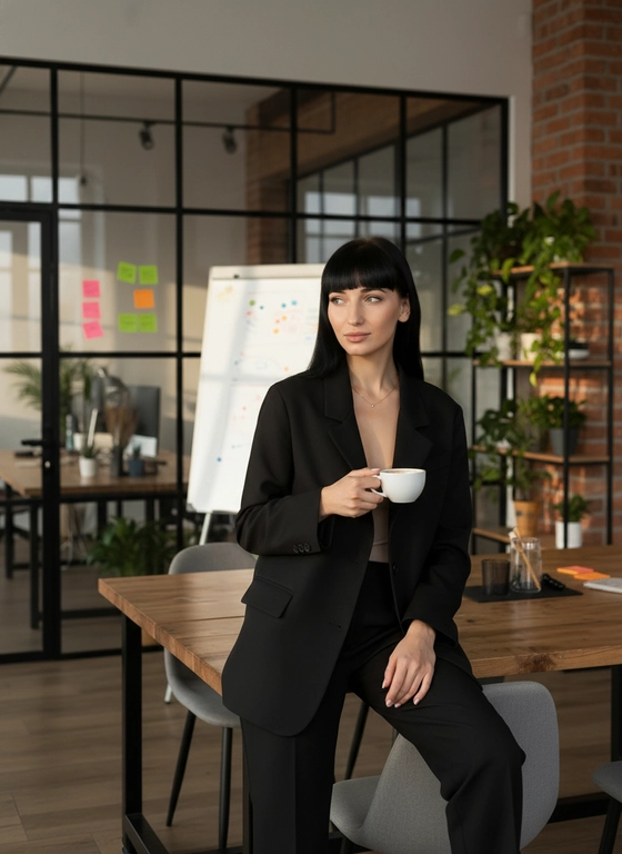 2. Стильная офисная девушка в креативной рабочей среде, естественная поза, расслабленная уверенность.
Она сидит на краю стола или в офисном кресле, одна рука держит чашку кофе, другая лежит на подлокотнике, взгляд направлен в сторону.
Одежда: свободный костюм — пиджак и брюки прямого кроя, топ нейтрального оттенка, лаконичные украшения.
Фон — креативный офис: стеклянные перегородки, доска с заметками, растения, мягкий индустриальный интерьер.
Освещение рассеянное, тёплое, создаёт уютную рабочую атмосферу.
Волосы как на фото, чёлка как на фото.
Нос с горбинкой
Фотореалистичное изображение, лёгкий lifestyle-вайб, высокая чёткость и натуральность.