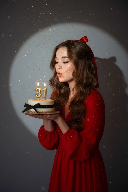 Фотореалистичный портрет женщины с точно таким же лицом, чертами, выражением и цветом волос, как на исходной фотографии - ничего не изменять. Атмосфера - день рождения: мягкий блеск свечи отражается на её лице, в воздухе лёгкие золотистые блёстки, создающие праздничное сияние. Фон темно-серый. Освещение студийное, контрастное, с кругом света на фоне, создающим выразительную тень. Волосы - волнистые, мягко подсвечены. Она немного стоит полубоком. Женщина держит в руках маленький праздничный торт, украшенным чёрными лентами и изящной цифрой из золотых свечей; Она сдувает свечу. Она одета в красное платье с длинным рукавом, на голове красная лента. Свечки в виде цифр 31
