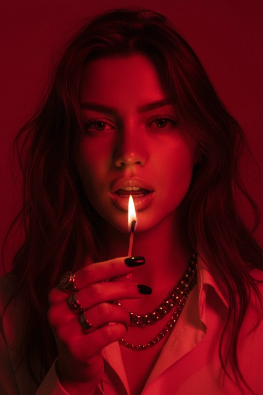 Используйте черты лица, как на прилагаемой фотографии.
смелый, кинематографичный портрет женщины, залитой темно-красным светом, которая подносит к губам зажженную спичку. Теплый отблеск пламени подчеркивает ее блестящие губы и создает эффектный отблеск на коже.
ее выражение ее лица напряженное и пленительное, обрамленное взъерошенными волосами, которые свободно ниспадают на лицо. На ней светлая рубашка и многослойные украшения, в том числе металлическая цепочка и крупные кольца. На ее длинных черных ногтях отражаются едва заметные блики света, усиливая мрачную, чувственную атмосферу. Красный фон и сдержанные тени придают глубину и визуальное напряжение, создавая эффектный образ в редакционном стиле.

Настройки камеры: iso 400, диафрагма f/2.0, выдержка затвора 1/160 сек, объектив 85 мм, ручная фокусировка, баланс белого 2800k, коррекция экспозиции -0,3 ev, подсветка одиночным пламенем с красной заливкой, минимальная зернистость, кинематографическое высококонтрастное освещение с плавными тональными переходами.