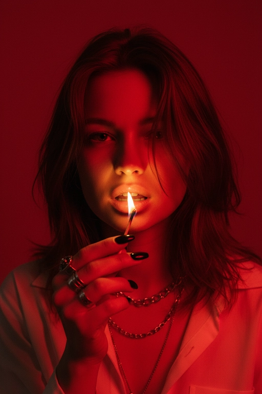 Используйте черты лица, как на прилагаемой фотографии.
смелый, кинематографичный портрет женщины, залитой темно-красным светом, которая подносит к губам зажженную спичку. Теплый отблеск пламени подчеркивает ее блестящие губы и создает эффектный отблеск на коже.
ее выражение ее лица напряженное и пленительное, обрамленное взъерошенными волосами, которые свободно ниспадают на лицо. На ней светлая рубашка и многослойные украшения, в том числе металлическая цепочка и крупные кольца. На ее длинных черных ногтях отражаются едва заметные блики света, усиливая мрачную, чувственную атмосферу. Красный фон и сдержанные тени придают глубину и визуальное напряжение, создавая эффектный образ в редакционном стиле.

Настройки камеры: iso 400, диафрагма f/2.0, выдержка затвора 1/160 сек, объектив 85 мм, ручная фокусировка, баланс белого 2800k, коррекция экспозиции -0,3 ev, подсветка одиночным пламенем с красной заливкой, минимальная зернистость, кинематографическое высококонтрастное освещение с плавными тональными переходами.