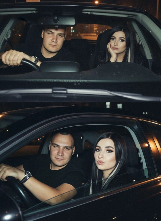 Используй предоставленные изображения и создай коллаж из двух фото, одно под другим. Первое фото сверху: Ночное фото в салоне автомобиля: мужчина за рулем смотрит вперед, его рука с часами на руке. Женщина на пассажирском сиденье, слушает его подперев щеку рукой. Съемка в стиле папарацци с эффектом зернистой пленки, атмосфера интимная. Второе фото: Девушка и парень смотрят в камеру Ночное фото папарацци крупным планом: мужчина за рулём и женщина на пассажирском сиденье смотрят в камеру. Женщина с ухмылкой и губами бантиком, мужчина слегка улыбается, положив руку на руль. Съёмка через пассажирское окно, сочетание ночного света и вспышки, эффект зернистой плёнки.