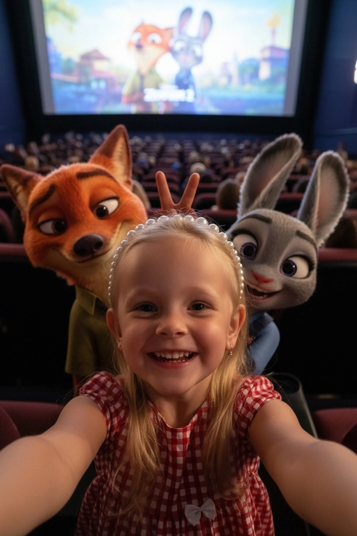 Сделайте селфи крупным планом в высоком разрешении человека [лицо на фото] с Джуди Хоппс и Ником Уайлдом из «Зверополиса 2».
Кадрирование:
Рамка для селфи плотная, лица заполняют весь кадр. Девочка в центре, Джуди с одной стороны, Ник с другой, все наклонены естественно. Слегка приподнятый угол селфи с естественным искажением на вытянутых руках.
Персонажи:
Джуди и Ник выглядят точно так же, как их оригинальные версии из фильма, но гармонично вписаны в реальную жизнь благодаря естественному освещению, реалистичным теням и глубине. Их анимированные образы соответствуют оригиналу, а их головы чётко заполняют кадр. Позирование (игривый жест «кроличьи ушки»):
Все трое наклоняются ближе с милым, весёлым настроением:
– Ник поднимает два пальца за голову девочки, изображая озорной жест «кроличьи ушки» с его фирменной лукавой, игривой ухмылкой.
– Джуди наклоняет голову с яркой, весёлой открытой улыбкой — одно ухо приподнято, другое мило повёрнуто.
– человек мило улыбается с радостным выражением лица.

Их лица складываются в дружелюбное, живое групповое селфи.
Селфи должно выглядеть так, как будто оно снято фронтальной камерой телефона человека, с ракурсом на расстоянии вытянутой руки и лёгким искажением, как при селфи с iPhone, что создаёт интимный, очаровательный кадр, не показывая телефон.
Освещение:
Тёплое рассеянное освещение перед началом фильма — мягкий свет сверху с лёгкими отблесками от большого экрана.
Фон:
Ряды кресел в кинотеатре с видимыми зрителями. На большом экране над ними — яркий кадр из мультфильма с персонажами Джуди Хоппс и Ником Уайлдом, без надписей и букв.
Важно:
Ультрареалистичное, естественная резкость и глубина, реалистичное изображение с камеры, а не цифровое или стилизованное, с чёткой детализацией кожи человека, шерсти Ника и Джуди.