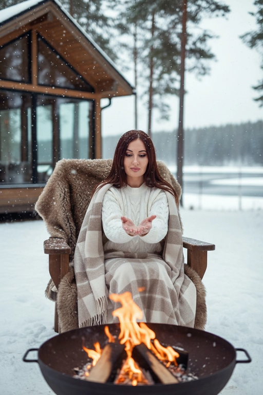 Создайте портрет в кинематографическом стиле с эффектом зерна, человек сидит на улице зимой на деревянном стуле, на стуле шкура меховая коричневая. Идёт легкий снег. человек в белом вязанном свитере и сверху накинут плед бежевый большой. 
На фоне деревянный дом с панорамным окном, озеро частично видно и высокие сосны. 
Перед человеком на переднем плане костровая чаша с огнем не в фокусе.
Греет руки над огнем.
