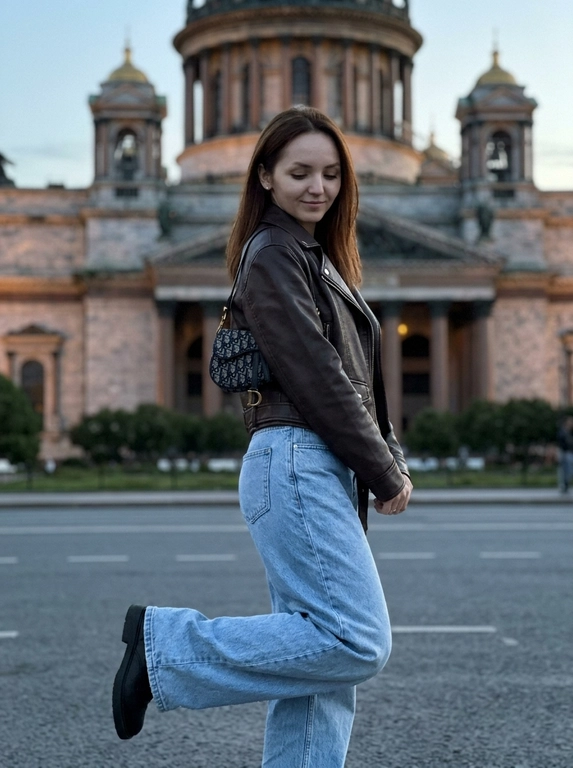 Дорогой lifestyle-момент, но снят случайно, как живой кадр из Pinterest без постановки. Фотореализм, RAW, 8K, пониженная экспозиция, мягкий естественный вечерний тусклый свет, спокойная нейтральная цветовая гамма, без глянцевой обработки. Снято на iPhone 16, с лёгкой естественной зернистостью, живо и атмосферно.

Женщина стоит почти фронтально к камере, корпус слегка развёрнут в сторону. Вес тела полностью перенесён на одну прямую опорную ногу. Вторая нога слегка приподнята над землёй и согнута в колене: колено мягко выведено вперёд к центру силуэта, а голень расслабленно уходит назад по диагонали. Стопа этой ноги не касается земли и не служит опорой. Бёдра слегка смещены в сторону, плечи расслаблены, руки свободно опущены вдоль тела. Поза выглядит лёгкой и естественной, будто женщина на секунду приподняла одну ногу во время прогулки.
Голова немного наклонена вниз и повернута в сторону. Женщина не смотрит в камеру, взгляд направлен вниз. На лице лёгкая спокойная сомкнутая улыбка.

Макияж: кожа сияющая, лёгкий контуринг, острые стрелки, губы нюдово-розового оттенка с блеском. В ушах маленькие серьги-гвоздики.

Женщина показана примерно до уровня ниже колен, чтобы хорошо читалось положение согнутой ноги, и расположена по центру кадра. Сбоку на плече висит маленькая чёрная сумка Dior.

Фон — Санкт-Петербург, на заднем плане вблизи хорошо виден Исаакиевский собор. Камера расположена немного ниже уровня глаз и слегка направлена вверх, подчёркивая архитектуру и силуэт женщины без сильного искажения пропорций. Лёгкое естественное размытие фона, реалистичная текстура кожи и одежды, без эффекта пластика, без сильной ретуши и без ИИ-сглаживания.


Одежда: На женщине короткая кожаная куртка тёмно-шоколадного оттенка с лаконичным современным кроем и светло-голубые свободные джинсы с высокой посадкой. Сбоку на плече висит маленькая чёрная сумка Dior. Образ выглядит расслабленно, дорого и современно, в эстетике casual luxury.

Прическа: Не изменять прическу