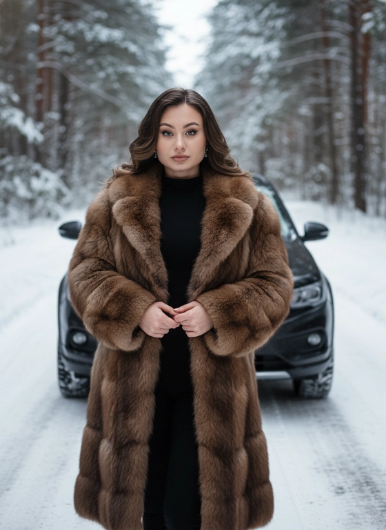 Создай, не меняя черты лица. Реалистичный снимок, высокая детализация лица, кадр на заснеженной лесной дороге при холодном мягком зимнем освещении, подчёркивающем контраст суровой природы и гламура.  
Портретная съёмка. Женщина стоит у машины, смотрит в камеру. На ней чёрный облегающий комбинезон с длинными рукавами и высоким горлом, длинная, объёмная, натуральная меховая шуба коричневого цвета с фактурой, руки перед собой. Свет и тени акцентируют линии тела и стройность позы, мощная машина на фоне сочетает индустриальную холодность с природной суровостью. Снег покрывает землю, создавая контраст тепла меха и мороза, придавая атмосфере таинственность и силу. Цвета — приглушённые тёмные и естественные с акцентом на чёрное и коричневое, как кадр из кинематографичного модного фотопроекта, фотореалистичное, высокая текстурная детализация, 4К. Сзади автомобиль Москвич 3