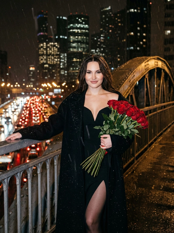 Создай портрет, не меняй черты лица. Кинематографический близкий портрет женщины. Она стоит ночью на мосту на улице, идёт снег с дождём. Женщина одета в чёрное платье с глубоким декольте и открытыми плечами, высокий разрез на ноге, платье до колена, чёрные капроновые колготки и чёрное оверсайз длинное пальто нараспашку. Безупречный макияж, нежная улыбка, взгляд направлен в камеру. Она стоит возле поручня круглого железного моста: одна рука раскинута, в другой она держит букет . Сзади ночной дождливый город с огоньками в окнах домов, внизу под мостом видно множество машин в пробке, много огней от фар. Фото со вспышкой, фото с добавлением зерна.

Какие будет цветы?: В другой руке она держит большой букет длинных красных роз