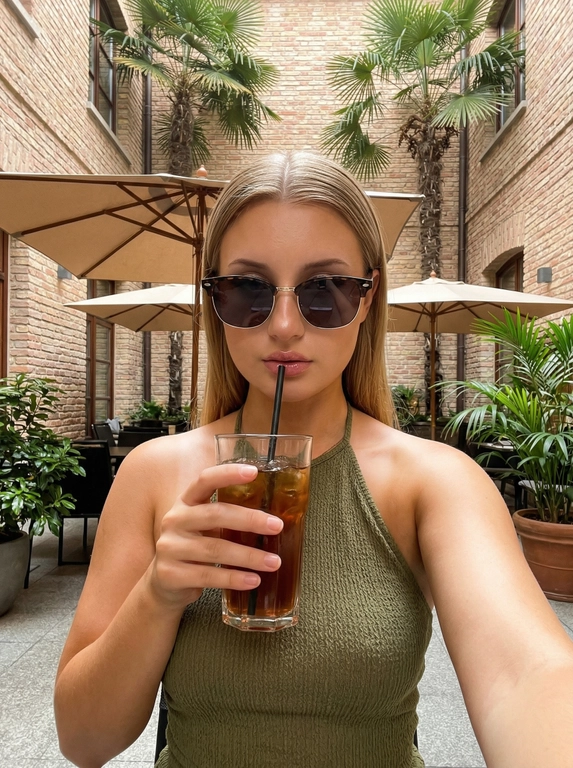 ultra realistic iPhone selfie, front camera, natural handheld framing, slight lens distortion, subtle grain. close-up (face + chest), arm extended.composition: camera slightly above eye level, centered framing, straight angle (no tilt).: one hand holding tall glass with  tea / cocktail, dark liquid, ice cubes, black straw touching lips. second arm extended holding phone. shoulders relaxed.gaze: direct into camera through sunglasses, calm confident expression
hair: sleek straight, middle part, tucked behind ears, smooth and polished.outfit: olive green textured fitted halter top, thick straps, deep neckline, matte fabric.skin: warm golden tan, natural glow, soft highlights (НЕ глянцевый перегруз).location (STRICT): inner courtyard café, warm brick walls, beige umbrellas overhead, tall palm trees, green plants in pots, плитка на полу.lighting: soft natural daylight in shade, diffused sun, no harsh shadows, balanced exposure (НЕ пересвет).color: warm earthy tones, muted greens, realistic iPhone colors.
: real skin, no retouch, slight noise