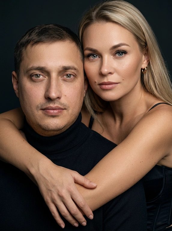 Гиперреалистичный студийный fashion-портрет молодой пары по загруженному референсу, 100% сходство лиц. Черты лица не изменять. Крупный план, кадр по плечи. Мужчина, спокойный уверенный взгляд прямо в камеру, естественное выражение лица, одет в черный трикотажный свитер с высоким воротом. Женщина стоит позади мужчины и нежно обнимает его, ее руки лежат на его плечах. Ее лицо расположено рядом с его лицом, она повернута слегка боком, голова немного наклонена вперед, взгляд направлен прямо в камеру. У женщины выразительные глаза с длинными густыми черными ресницами, естественный clean-glam макияж, натуральные брови, теплый оливковый оттенок кожи, небольшие серьги-кольца. Композиция плотная и интимная, их лица расположены очень близко друг к другу, современный модный портрет пары. Женщина одета в черный корсет. Кожа максимально натуральная: живая текстура кожи, видимые микропоры, subtle skin glow, естественный мягкий блеск кожи, natural skin microtexture, skin translucency, micro skin details, легкие естественные несовершенства кожи, без ретуши и без эффекта пластика. Освещение: мягкий студийный beauty lighting, рассеянный ключевой свет спереди и немного сбоку, мягкие глубокие тени для объема лица, деликатные световые блики на коже. Фон: глубокий темный студийный фон, темно-графитовый или почти черный, создающий контраст с кожей и лицами. Стиль: luxury fashion editorial photography, high fashion portrait, ultra photorealistic, 85mm portrait lens, shallow depth of field, creamy bokeh, cinematic soft lighting, RAW photo, extremely detailed, fine hair strands, natural skin pores, professional photography, photorealism, 8k, high dynamic range.