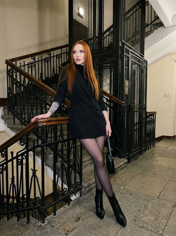 Кинематографический портрет персонажа, которая стоит на лестнице, оперевшись о красивый деревянный поручень и чёрные кованые перила. Фото сделано на фоне лифта. Дом довольно старый: пол выложен камнем, лифт старого раритетного образца. Она одета в чёрное короткое платье-пиджак, под ним чёрная водолазка, чёрные капроновые колготки и чёрные кожаные ботильоны на шпильках с острым носом. В одной руке она держит сумочку, другая лежит на перилах. Ноги перекрещены. Голова слегка поднята вверх и повернута в сторону, взгляд направлен вне камеры. Киноплёнка, фотореализм. Макияж изящный, вечерний. Фото со вспышкой.  Не изменять пол, возраст, внешность и цвет волос.