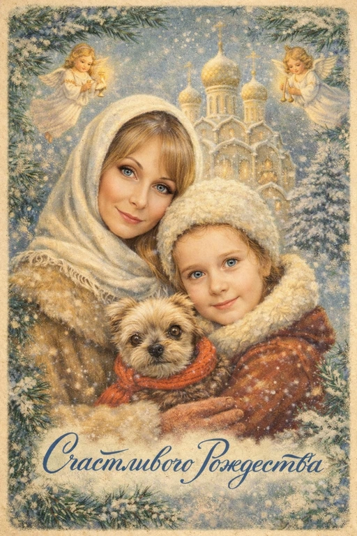 Создай винтажную рождественскую открытку со всеми людьми или одним человеком из предоставленных фотографий. Стиль - советские сказочные открытки 1950-1970-х годов, мягкая живописная иллюстрация, ощущение тепла и уюта. Композиция и формат: • Персонажи остаются в центре композиции • Фон - православная церковь, зимняя сказочная атмосфера Лица: • Лица сохранить максимально похожими на оригинальную фотографию (one-to-one likeness) • Без изменения черт лица, возраста и эмоций • Реалистичное сходство, аккуратная художественная стилизация без искажений. Одежда и образы: • Заменить современную одежду на старинную зимнюю советскую одежду. Если человек- женского пола , то добавь белый платок на голову. ⁠ Декор и детали:  • Хвойные ветки • ангелочки в сказочном стиле, церковные свечки • Лёгкий снег, морозные узоры Цвет и атмосфера: • Светлая, зимняя, мягкая цветовая палитра • Пастельные оттенки, эффект старой бумаги, легкое зерно • Сказочное, теплое новогоднее настроение  • Шрифт - изящный, рукописный, сказочный, в стиле советских открыток. Надпись: «Счастливого Рождества»