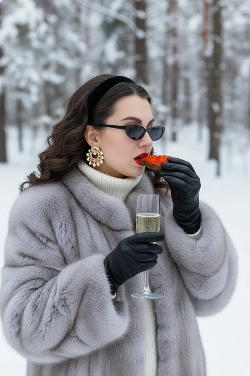 Создай портрет, не меняя черты лица. Элегантная женщина в стиле «Slavic Girl» позирует на фоне заснеженного зимнего леса. На ушах золотые серьги круглой формы, золотого цвета.  Она одета в роскошную объемную шубу из светлого меха, белый свитер с высоким горлом, черную повязку на голову и стильные черные узкие солнцезащитные очки. Ракурс в полупрофиль. На руках — черные кожаные перчатки. В одной руке она держит бокал игристого шампанского, а другой ест бутерброд с красной икрой. Атмосфера роскоши, зимняя эстетика, мягкое естественное освещение, высокое качество, реализм. Ее волосы с укладкой локонами; шуба светло-серая норковая; длинные нарядные серьги