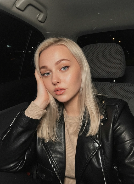 Создано с помощью сервиса Создать по своему фото и промпту

Промпт пользователя:
Создай изображение меня, максимально сохрани мою внешность.
Портрет молодой женщины, снятый ночью в машине со вспышкой.
Она сидит на заднем сиденье, слегка наклонившись вбок; правой рукой непринуждённо поддерживает голову и смотрит прямо в камеру — спокойно и уверенно.  Длина волос до плеч. Причёска, прямые волосы 
Бежевый джемпер, а на нём кожаная куртка.
Фон тёмный, едва различимый; видны лишь лёгкие блики на поверхностях внутри автомобиля.
Стиль и эффекты:
эстетика Y2K;
мягкая вспышка;
проработка текстур (кожа и ткань);
лёгкое ретросияние;
мягкий эффект «песка»;
высокий блеск на губах и щеках;
тёплые тона с лёгким винтажным настроением....

#блондинка #женщина #макияж #натуральность #тренды #иисервис