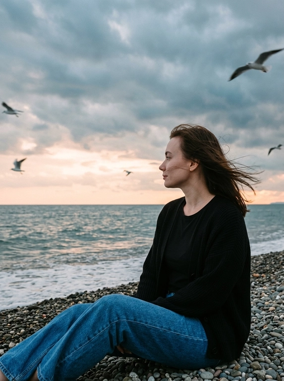 Сохранить внешность 1:1 - лицо, черты, пропорции, возраст, текстуру кожи; фото - единственный эталон. формат 3:4. Атмосферная морская сцена на закате: драматичное облачное небо, холодные голубо-серые оттенки с мягким персиковым у горизонта. Модель сидит боком на гальке у линии прибоя, корпус развернут к морю, взгляд в сторону моря. Ветер растрёпывает волосы, лицо частично перекрыто прядями (волосы развиваются ТОЛЬКО ЕСЛИ они длинные, прическа сохраняется с фото 1:1). в небе летают чайки, часть с лёгким motion blur. Одежда: чёрная базовая футболка, чёрный вязаный кардиган свободной посадки, свободные синие джинсы прямого кроя. Съёмка на винтажную плёночную камеру Kodak, объектив 35mm. Цвет в стиле Kodak Portra 400: матовые тени, мягкий контраст, натуральная цветопередача, лёгкая десатурация, выраженное плёночное зерно. Editorial-композиция, высокий фотореализм, 4K.