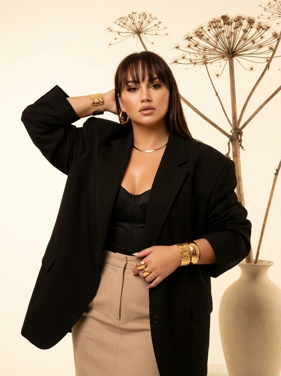 Фэшн-фотография: элегантная женщина  в массивном чёрном оверсайз-пиджаке, под ним чёрный корсет и бежёвая юбка с высокой посадкой, золотые украшения (широкие браслеты, крупное кольцо, тонкое колье, серьги-кольца); студийная съёмка на однотонном тёплом кремовом фоне, сзади огромная ваза с растение борщевик засохший, центральная композиция, кадр по бёдра, лёгкий низкий ракурс, динамичная поза — левая рука за головой, правая опущена у талии; мягкий рассеянный высокоключевой свет с деликатными тенями, тёплая тональность, минималистичное, уверенное и глянцевое настроение в стиле модного редакционного портрета, мягкая ретушь, акцент на текстурах ткани и рельефе живота, shallow DOF, объектив 50mm, апертура f/2.8, ISO 100, выдержка 1/160s, высокое разрешение, чёткая детализация.

Какая будет прическа?: Не менять мою прическу