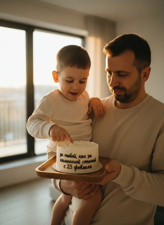 Создай портрет, строго сохраняя черты лица, возраст, пропорции и индивидуальные особенности из исходного фото. Ничего не изменять во внешности. Внешность сохранить на 100%.

Крупный план в raw-стиле с естественной зернистостью. Тёплый эмоциональный момент между папой и его маленьким ребёнком. Папа держит мальчика 4 лет  на руках и одновременно поддерживает маленький бенто-торт. Ребёнок пальчиком слегка касается крема, с живым любопытством.

На торте аккуратная надпись:
«за тобой, как за каменной стеной
с 23 февраля»

Оба одеты в уютную домашнюю одежду нейтральных светлых оттенков, мягкие ткани, естественные складки.

Современная светлая комната, минималистичный интерьер. Мягкий тёплый свет заката заполняет пространство, создавая объём и деликатные тени на коже. Камера очень близко, ощущение присутствия.

Фотореализм, высокая детализация, натуральная кожа, без ретуши.
Raw photo, close-up, candid moment, slight motion blur, film grain, natural light, no filters, authentic family atmosphere.