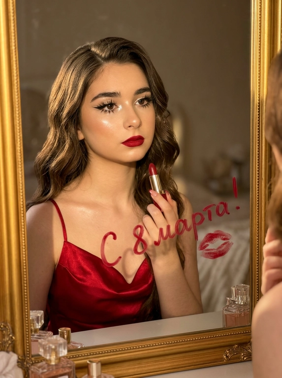 Отражение женщины в зеркале: женщина держит красную помаду. Гламурный макияж глаз с длинными чёрными стрелками, длинные густые ресницы с эффектом «лучики». Хайлайтер во внутренних уголках глаз и на скулах. Губы накрашены этой же красной помадой. Красное атласное платье на тонких лямках. Текст написанный на зеркале помадой от руки на русском языке без ошибок. Знак поцелуя красной помады на зеркале. Передний план: женское лицо, верхняя часть тела, рука, держащая помаду. Фон: зеркальная поверхность с текстом и поцелуем, размытое отражение интерьера. Глубина: неглубокая глубина резкости, фокус на женщине и поверхности зеркала. Портрет крупным планом, отражение, глаз, портретная линза, неглубокая глубина резкости. Тёплый золотой свет «золотой час», сильное боковое освещение. Женщина наносит помаду, отражение в зеркале, отражение в помещении, в помещении. Кожа, атласная ткань, золото (серьги, корпус помады, зеркальная рамка), стекло (зеркало). Фото сделано на iPhone 17 Pro Max.


Какая будет надпись?: Текст написанный на зеркале "С 8 марта!"
