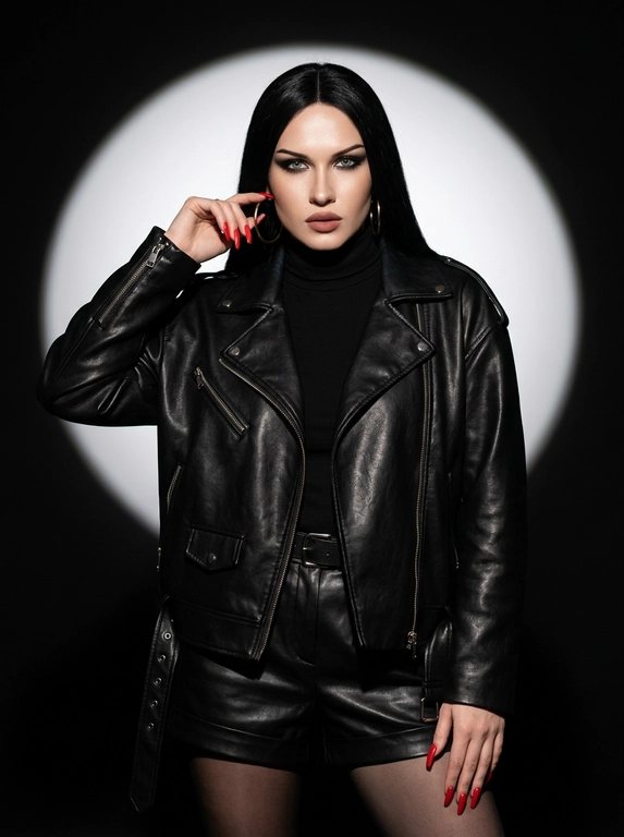 Фотография дерзкая и стильная студийная сцена в эстетике "fashion editorial".
Тип кадра: Поясной портрет (Medium shot). Женщина стоит в центре кадра; поза уверенная, одна рука изящно поднесена к лицу, касаясь серьги, вторая расслаблена; взгляд прямой, пронзительный и серьезный; эмоция — холодная уверенность и самообладание.
Одежда: Черная кожаная куртка-косуха оверсайз с металлической фурнитурой (молнии, заклепки), надетая поверх черной водолазки; кожаные шорты с высокой талией и ремнем; черные полупрозрачные капроновые колготки. Ткань куртки имеет мягкий матовый блеск и естественные заломы на сгибах.
Локация: Минималистичная фотостудия с черным фоном, на котором выделяется яркое круглое пятно света.
Освещение: Контрастное освещение типа "спотлайт" (прожектор), направленное спереди; создает четкий световой круг за спиной модели и отбрасывает глубокую, резкую тень на фон; на лице и одежде видны выразительные светотеневые переходы.
Камера: Профессиональная съемка на 85mm объектив, обеспечивающий идеальные портретные пропорции без искажений.
Глубина резкости: Модель находится в резком фокусе; фон за пределами светового пятна уходит в глубокую черную пустоту.
Макияж: Драматичный вечерний макияж; выразительные "smoky eyes" в темных тонах, четко очерченные брови и матовая помада.
Детали: Ярко-красный маникюр на длинных ногтях; крупные золотые серьги-кольца; металлический блеск молний на куртке; тонкое кольцо на пальце.
Атмосфера: Роковая, сильная, графичная и подчеркнуто модная.

Выберите прическу: Не изменять мою прическу

Доп. характеристики: Черные прямые волосы, серо-зеленые глаза