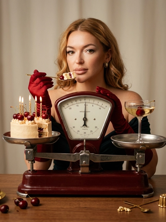Создай realistic cinematic editorial photo в эстетике винтажной fashion-съёмки с лёгким праздничным настроением.

Вертикальный крупный кадр. Женщина сидит прямо за столом, фронтально к камере, слегка подавшись корпусом вперёд. Перед ней строго по центру композиции стоят крупные винтажные механические двухчашечные весы насыщенного тёмно-красного цвета.

Весы имеют массивное эмалированное красное основание и высокий центральный корпус с плавно сужающейся формой. В верхней части корпуса расположена крупная горизонтальная аналоговая шкала под прозрачным выпуклым стеклом, со светлым циферблатом, чёрными делениями и стрелкой. Это именно измерительная шкала механических весов, НЕ часы и НЕ часовой циферблат. От центрального корпуса горизонтально расходится металлическая балансировочная перекладина, по обе стороны которой расположены две отдельные круглые неглубокие металлические чаши одинакового размера. Чаши находятся на одном уровне, симметрично слева и справа от центрального корпуса. Все детали конструкции физически правильные, цельные и реалистичные, без лишних рычагов, дополнительных чаш, стрелок или деформированных металлических элементов.

Женщина находится непосредственно позади весов, её лицо расположено над центральной аналоговой шкалой. Плечи почти фронтально к камере. Одна рука согнута и поднята к лицу: в ней женщина держит маленькую золотую ложечку с кусочком торта прямо возле губ. Вторая рука поднята с противоположной стороны, локоть согнут, кисть находится рядом с верхней частью весов на уровне шкалы, пальцы расслаблены и элегантно вытянуты. Поза симметрично обрамляет центральные весы и выглядит спокойно, уверенно и постановочно. Взгляд направлен прямо в камеру, выражение спокойное и уверенное.

На женщине тёмное платье с открытой линией плеч, длинные красные перчатки и небольшие винтажные серьги.

На левой для зрителя металлической чаше весов стоит небольшой праздничный бенто-торт на тонкой подложке, покрытый светлым кремом и украшенный сверху свежими тёмно-красными вишнями. В торт вставлено несколько тонких волнистых горящих свечей.

На правой для зрителя чаше стоит винтажный бокал coupe для шампанского на тонкой ножке, наполненный светлым игристым напитком. Внутри бокала находится одна спелая красная вишня.

На столе лежат несколько отдельных вишен и небольшие золотистые декоративные детали, без визуального перегруза.

Главный центр композиции: женщина, крупные красные механические весы, торт и бокал. Центральный корпус весов находится точно перед женщиной и визуально делит композицию на две симметричные части.

Фон светлый, нейтральный. Свет тёплый и направленный, мягко подсвечивает лицо, красную эмаль весов, металлические чаши, стекло бокала, крем торта и вишни. Свечи дают небольшие живые янтарные блики.

Цветокоррекция приглушённая в стиле ретро: глубокий красный, кремовый, шампань, тёплый бежевый и небольшие золотистые акценты. Без чрезмерного оранжевого свечения.

50–70 mm lens, f/2.8–3.5, ISO 200–400, 1/160 s. Резкость на лице женщины и центральной аналоговой шкале весов, торт и бокал хорошо читаются, фон немного мягче. Лёгкое натуральное плёночное зерно.

Максимальный фотографический реализм: натуральная кожа, настоящая красная эмаль, состаренный металл и стекло механических весов, реалистичные вишни, крем, стекло и шампанское, правильная анатомия рук. Весы должны выглядеть как настоящий цельный винтажный механический прибор с двумя чашами, без деформаций и невозможной конструкции. Без CGI, без AI-глянца, без лишних надписей и логотипов.

Причёска: Не изменять прическу