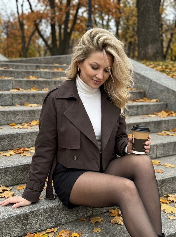 Ультрареалистичный дорогой lifestyle-снимок. В кадре женщина с объёмными распущенными волосами, уложенными с выраженным боковым объёмом. Несколько тонких прядей естественно падают на лицо.

Женщина сидит на широкой серой каменной лестнице в осеннем городском парке. Корпус слегка развёрнут в сторону камеры, ноги согнуты и направлены по диагонали вперёд. Одной рукой она держит закрытый стакан кофе навынос с крышкой, вторая рука свободно опирается ладонью на ступень рядом с телом. Голова слегка опущена и повернута в сторону, взгляд направлен вниз, на лице мягкая естественная полуулыбка.

На ступенях лежат сухие жёлтые и оранжевые опавшие листья. На заднем плане видны серые каменные ступени и осенние деревья с редкой листвой. Фон хорошо читается и не размыт.

Ракурс немного сверху вниз и слегка сбоку, камера расположена достаточно близко. Вертикальный кадр примерно от головы до колен, с лёгкой перспективой смартфона. Женщина занимает основную часть кадра. Естественный пасмурный дневной свет, мягкие тени, спокойная осенняя цветовая гамма из серых, коричневых, чёрных и приглушённо-золотых оттенков.

Мобильная съёмка на iPhone 17 Pro Max. Живое естественное фото без постановочного глянца и сильной ретуши. Натуральная текстура кожи, высокая детализация волос, камня и опавших листьев. RAW, realistic lifestyle photography, subtle smartphone sharpness, без размытия фона, без текста и водяных знаков.

Какая будет одежда?: На женщине укороченный тренч глубокого тёмно-коричневого цвета с широкими лацканами и поясом на талии. Под ним — белая облегающая водолазка с высоким горлом. Низ — короткие чёрные шорты и чёрные полупрозрачные колготки. В ушах небольшие округлые золотые серьги.