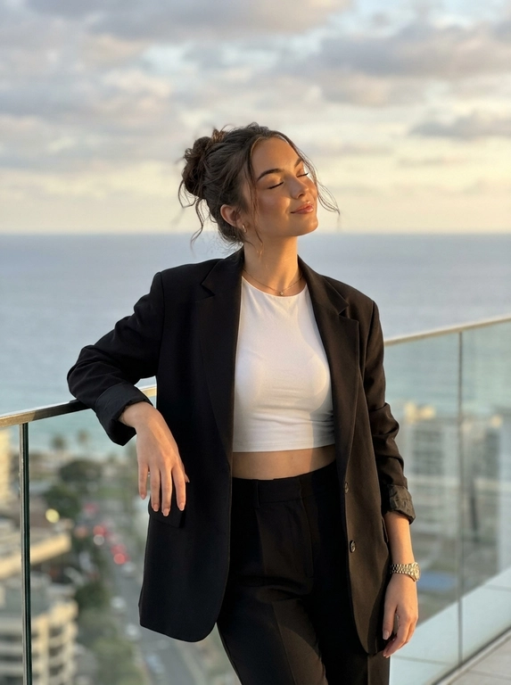 ultra realistic luxury sunset portrait of a woman standing on a balcony with ocean view,  candid instagram aesthetic, taken on iPhone 16 Pro Max. woman standing relaxed near glass railing, body slightly turned sideways, one arm resting on railing, eyes closed enjoying warm sunlight, elegant feminine posture.
outfit: oversized black blazer, fitted white crop top, elegant black trousers, luxury minimal jewelry and watch, classy old money aesthetic.
makeup: soft glam makeup with glowing bronzed skin, natural contour, sharp brows, long lashes, realistic skin texture and warm sunlight highlights.
lighting: warm golden hour sunlight, cinematic sunset glow, realistic natural shadows, soft highlights on hair and skin, luxury evening atmosphere.
background: ocean view, soft cloudy sunset sky, blurred city coastline and road below, cinematic depth, warm dreamy aesthetic.
camera: realistic iphone portrait shot, 50mm lens look, shallow depth of field, focus on woman with softly blurred background.
important: ultra realistic iphone photography, candid luxury influencer vibe, cinematic rich girl aesthetic, natural body proportions, realistic skin texture, film look, no overprocessed ai skin.

Какая будет прическа? : Волосы уложены в небрежный пучок с выбившимися прядями