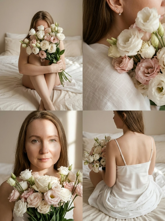 Используй загруженное фото для лица, строго сохрани идентичность, внешность, возраст, волосы, глаза. Коллаж из 4 вертикальных (соотношение 9:16) кадров в едином нежном, романтичном, богемном стиле "утра невесты". Цветовая гамма: теплые, приглушенные, землистые тона (бежевый, кремовый, белый, бледно розовый) с игрой мягкого света и теней.
Кадр 1 (Верхний левый): Человек сидит на кровати, обняв колени, лицо скрыто за большим букетом бело-розовых цветов (эустома/розы). Видна только макушка.
Кадр 2 (Верхний правый): Крупный план плеча, нежно прикрытого бело-розовыми цветами. Видна маленькая бриллиантовая серьга. Акцент на текстуре лепестков и ткани.
Кадр 3 (Нижний левый): Погрудный портрет. Человек смотрит в камеру с легкой улыбкой, держит букет у груди. Контрастный луч света освещает лицо и блики в глазах.
Кадр 4 (Нижний правый): Человек сидит спиной к камере, в белом топе с тонкими лямками, завернутый в белые простыни, с букетом. Голова чуть повернута влево. Акцент на линию спины и плеч. Мягкий свет подчеркивает контуры фигуры.
Сцена: Минималистичная спальня с белым или кремовым бельем.
Реалистичная телефонная съёмка высокого качества, малая глубина резкости, мягкое студийное освещение с контровым светом. Цвета: бежевый, кремовый, белый, бледно-розовый.