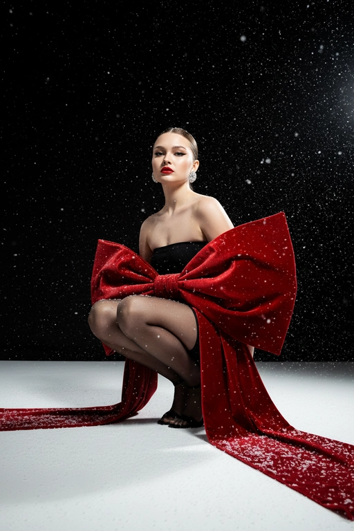 Создай изображение не меняя черты лица. Студийный портрет в стиле рождественской/новогодней модной кампании. Я в элегантной, присевшей позе, взгляд сфокусирован прямо в камеру. Огромный, гипертрофированно большой, роскошный бант из красного бархата, который обернут вокруг тела модели как кутюрный элемент одежды  с очень длинными, широкими ниспадающими концами, которые тянутся по полу. Бант и белый пол покрыты имитацией снега. Минималистичный черный топ без бретелей (bandeau) ,темные, полупрозрачные колготки, черные босоножки с открытым носом, на среднем каблуке. Гладко зачесанные назад волосы. Классический, выразительный макияж: яркая алая помада, четкие черные стрелки, хайлайтер. В ушах крупные, блестящие серьги-гвоздики.

Драматичное, контрастное студийное освещение (split lighting). Ярко освещенный белый пол/поверхность. Фон — глубокий черный, с эффектом динамично падающего яркого снега (snow dust effect).Фотография в высоком разрешении, гиперреализм, кинематографическое качество, профессиональный editorial-снимок для обложки Vogue, снято на камеру Hasselblad.