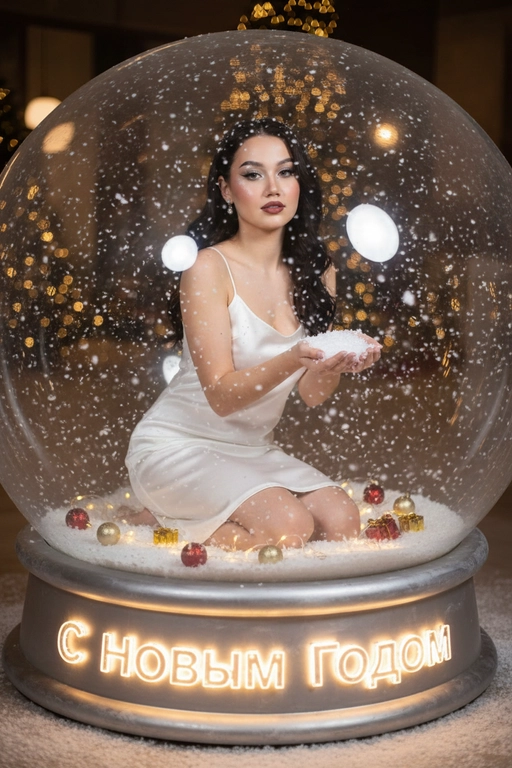 Создай женщину с легкой укладкой на волосах и ярким макияжем, позирующую внутри гигантского снежного шара.  Она стоит на коленях и держит горсть искусственного снега. Внутри шара виден небольшой рождественский ёлочный декор и падающие снежинки, а у основания светящимися буквами написано слово «С Новым Годом». Используй приложенное фото как образец. Воспроизведи моё лицо точно на 100 %. На ней белое платье-комбинация из атласа на бретельках