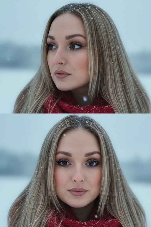 Создай коллаж из двух кадров человека, снятых крупным планом на улице зимой. Камера расположена близко, чтобы в кадре были видны лицо, шея и часть одежды. Главный акцент — на лице, глазах и снежинках, которые легли на волосы и ресницы.

Освещение мягкое, естественное, как в пасмурный зимний день. Вокруг падает лёгкий снег, отдельные снежинки чётко видны в воздухе и на коже. Фон — мягко размытый, с холодными оттенками (бело-голубой, серо-синий).

Первый кадр — человек смотрит в сторону, выражение мягкое, задумчивое, естественное. Крупный план лица, видно часть красного шарфа.
Второй кадр — прямой взгляд в камеру, нейтральное или лёгкое выражение лица, ресницы в снегу. Крупный план лица, видно часть красного шарфа.

Кожа чистая и естественная, без ретуши, текстура лица и губ сохранена. Фото выглядят как профессиональная зимняя портретная съёмка крупным планом, с эффектом свежести и спокойствия.

Оба кадра объединены в вертикальный коллаж в едином тоне и свете. Атмосфера — реалистичная, теплая и немного кинематографичная.