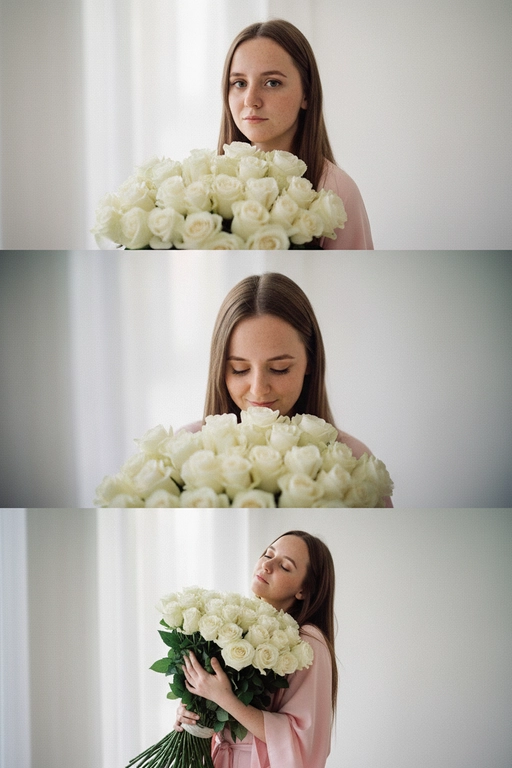 Не меняй черты лица, оставь их точь в точь как на загруженном фото, в том числе макияж и волосы.
Композиция из триптиха изображает женщину дома с цветами
На ней свободная пижама кимоно в пол нежно розового цвета.

На верхнем кадре портрет крупным планом, женщина смотрит в камеру лицо боком в руках у неё огромный букет. На заднем плане светлая стена размыты.

На центральном кадре сверхкрупный план, та же девушка, ее голова слегка наклоненная вперед, она принюхивается к букету, ее глаза закрыты, на лице легкая улыбка.  Кадр снятый с очень близкого расстояния, видно только часть огромного букета и лица  

На нижнем кадре портрет крупным планом изображена всё та же женщина, голова запрокинута вверх глаза закрыты, прижимает все тот же огромный букет к груди

Цветовая палитра приглушена, с нежными розовым, белым
Общий стиль наводит на романтику. Присутствует видимая зернистость.  Букет цветов - белые розы