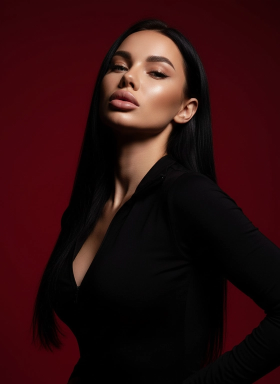 Создай портрет, используя те же черты лица (на основе загруженного фото), характеризующийся резким кинематографическим освещением и интенсивным контрастом. Снятый с немного нижнего ракурса, направленного вверх, что подчеркивает линию подбородка и шеи модели, этот портрет производит впечатление доминантности и скульптурной элегантности. Фон — глубокий, насыщенный малиново-красный, создающий яркий визуальный контраст со сияющей кожей модели и темной одеждой.