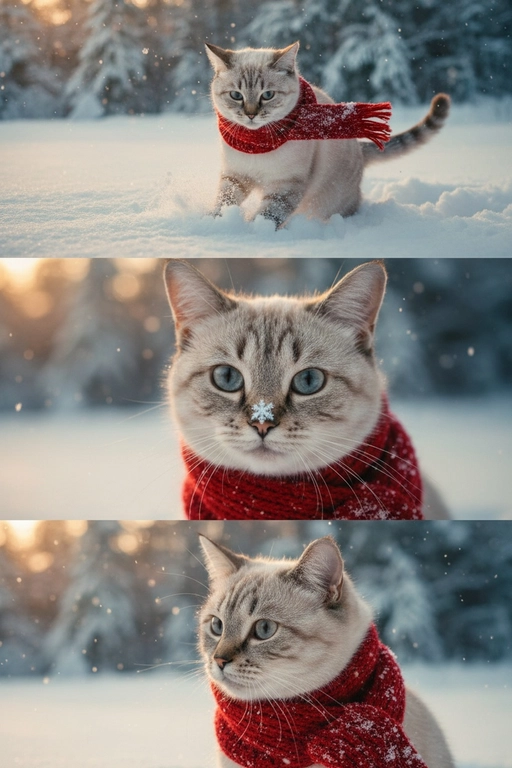     Коллаж из 3-Х фото моего питомца на зимнем фоне в снегу. Питомец в вязаном шарфе, вокруг падает снег, на заднем плане заснеженный лес.

Первый кадр — питомец в полный рост. Он играется со снегом 

Второй кадр — крупный план, увеличенный кадр мордочки питомца с одной снежинкой на носике. Мордочка питомца занимает весь кадр, взгляд прямо в камеру 
 
Третий кадр - портрет питомца, он смотрит в левую сторону. На фото виден шарф, на шарфу есть снежинки 

Три кадра объединены в вертикальный коллаж в едином тоне и свете. Атмосфера — реалистичная, теплая и немного кинематографичная.
Свет мягкий, утренний.  Цвет шарфа - красный