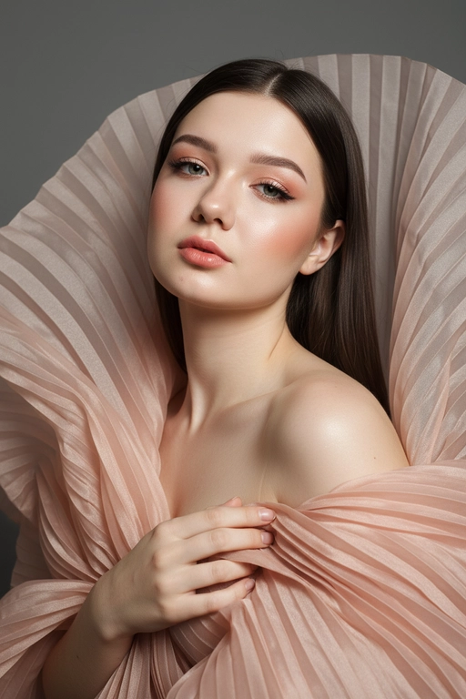    Создайте гиперреалистичный профессиональный студийный портрет женщины с волосами, уложенными на ровный пробор посередине, которые каскадом ниспадают на левое плечо (справа от зрителя) и частично скрыты за правым плечом (слева от зрителя). Камера снимается с немного низкого уровня глаз, глядя прямо на модель, охватывая ее от середины груди и выше. Голова слегка наклонена, взгляд прямой и притягательный.
Ее кожа безупречно гладкая и интенсивно сияет, словно подсвеченная мощным, сфокусированным источником света, подчеркивая мельчайшие поры и естественную текстуру кожи с сияющим, почти воздушным свечением, особенно в области декольте, плеч и верхних линий лица.

Её макияж тщательно проработан:
Глаза: чётко очерченные, ухоженные брови с заметными волосками, мягкие тени тёплых тонов (персиково-розовые и светло-коричневые) с лёгким мерцанием, чёткая чёрная подводка для глаз, создающая нежный кошачий взгляд, и идеально распущенные, объёмные ресницы, подчеркивающие каждую ресничку, с лёгким акцентом на нижних ресницах. Во внутреннем уголке глаза выделяется яркий блик. Радужки глаз отражают рассеянный студийный свет с изысканными узорами.
Щёки: лёгкий, растушёванный румянец натурального розового или персикового оттенка, изящно очерченные скулы и интенсивный, почти влажный блик на выступающих частях лица (скулы, переносица, дуга Купидона), создающий эффект увлажненности и сияния. Губы: губы нежного, естественного кораллово-розового или розово-персикового цвета с мягким атласным финишем, подчеркивающим тонкие естественные линии и текстуру губ, с лёгким бликом на дуге Купидона.

Она изящно одета в объёмную, струящуюся ткань с изящной плиссировкой, напоминающую прозрачный атлас или шёлк. Плиссированная ткань эффектно обрамляет фигуру, создавая объёмную, почти органичную форму, которая высоко поднимается за головой и огибает левое плечо (правое для зрителя), изящно струясь по груди и открывая обнажённые плечи. Материал обладает лёгким, сияющим блеском и мягкой полупрозрачностью, улавливая и отражая студийный свет, подчёркивая его роскошную текстуру и плавные движения. Складки очень детализированы, создавая глубокие тени и яркие блики, которые подчёркивают волнистую форму, а некоторые участки ткани также демонстрируют повышенную светоотражающую способность. Её правая рука (левая для зрителя) нежно касается ткани у груди, на ней видны ухоженные ногти. Освещение выполнено по принципу софтбокса, но с более сильным, концентрированным основным светом для создания интенсивного свечения, сохраняя при этом мягкие тени, которые подчёркивают черты её лица и изгибы плеч без резкости. Фон — гладкий, однотонный средне-серый, обеспечивающий чистый контраст и полностью фокусирующийся на модели. Общее впечатление — утончённая элегантность, изящество и гиперреалистичная детализация, передающая каждый нюанс её красоты, выражения лица и сложную текстуру её волос, кожи и одежды. Черты лица и особенности её внешности должны быть точно воспроизведены с референсной фотографии. Плиссированная ткань нежного, приглушённого персикового или пыльно-розового цвета