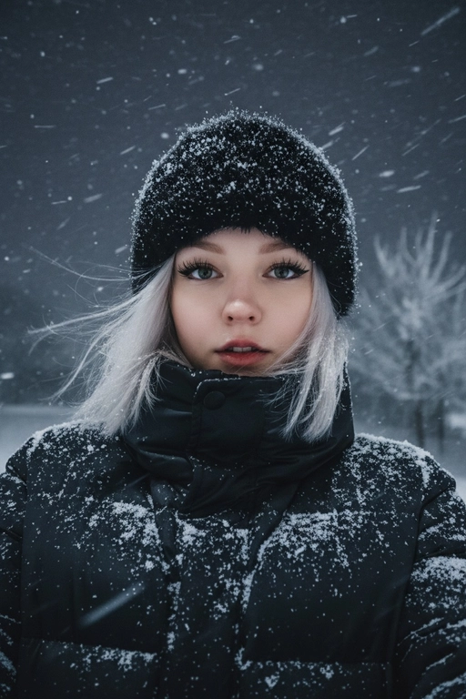 Селфи крупным планом, сделанное ночью на улице во время сильного снегопада. У женщины выразительные волосы и выразительные глаза, на ресницах и волосах которой лежат снежинки. На ней зимняя шапка из искусственного меха, почти полностью покрытая снегом, и пуховая куртка, припорошённая снегом на плечах и воротнике.
Освещение: мягкий холодный ночной свет сверху и немного спереди, создающий лёгкое свечение на щеках и лёгкие блики на куртке.
Поза: она держит камеру чуть ниже уровня глаз, уверенно снимая своё лицо снизу вверх; губы слегка приоткрыты, выражение лица спокойное, но выразительное. Фон: тёмное зимнее ночное небо, едва заметные ветви деревьев, слегка покрытые инеем, минимальная видимость для создания драматического настроения. Атмосфера: холодная, кинематографичная, с чистой зимней энергией; стильный современный снежный портрет с естественной текстурой и деталями. Шапка и куртка черного цвета.