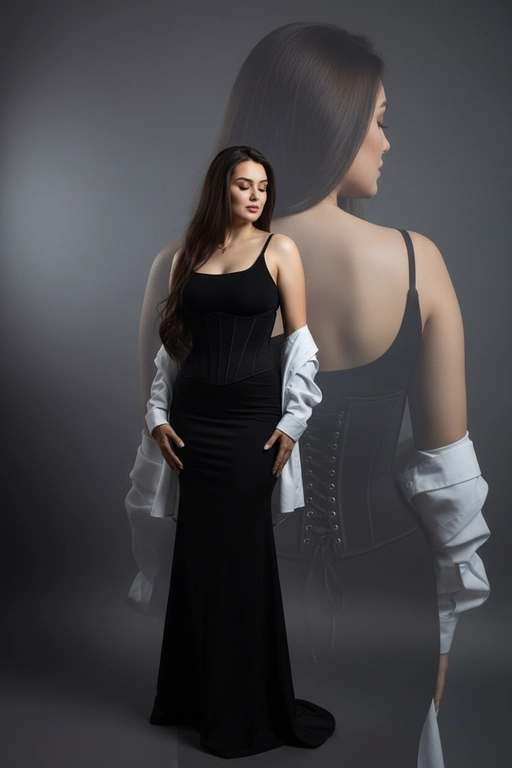 Реалистичный портрет красивой женщины, вдохновлённый референсной фотографией, волосы с легкой укладкой, элегантное чёрное платье с корсетными деталями, мягкое кинематографическое освещение, чувственная поза с закрытыми глазами, дымчатый фон, композиция с двойной экспозицией (крупный план лица сзади, портрет в полный рост спереди), высококачественная студийная фотография, богатый контраст, тонкая текстура кожи, реалистичные тени и блики, художественная глубина резкости, фотореалистичный стиль