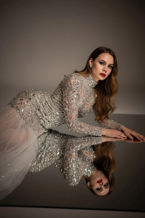 Это изысканный портрет женщины, лежащей боком на зеркальной поверхности, создавая идеальное отражение всего ее тела. На ней элегантное, облегающее платье от кутюр, полностью расшитое серебряными стразами, кристаллами и сверкающими деталями, которые роскошно ловят свет. Платье имеет длинные рукава, высокий ворот и струящийся шлейф из прозрачного тюля, усыпанного стразами на юбке, источающий гламур и изысканность. У нее длинные, волнистые волосы, которые нежно падают на ее плечи. Ее макияж безупречен с яркими темными smoky eyes и черной подводкой для глаз, длинными, объемными ресницами, безупречной кожей и пухлыми губами с изысканной, яркой красной помадой. На ней сдержанные, но элегантные серьги, дополняющие гламурный образ. Сцена драматически освещена темной виньеткой, подчеркивающей блеск платья и контраст между ее телом и отражением в зеркале. Минималистичный фон в нейтральных тонах ещё больше подчёркивает харизму модели и богатство деталей наряда. Общая атмосфера создаёт ощущение роскоши, элегантности и изысканности, отражая моду и высокую моду. Сохранены те же черты лица без каких-либо изменений, тот же тон кожи и цвет волос. Качественный маникюр, профессиональное студийное качество изображения.
