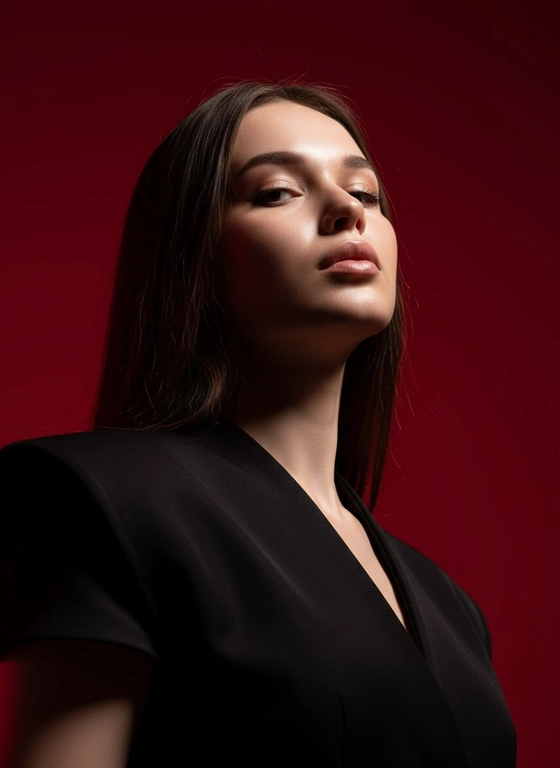 Создай портрет, используя те же черты лица (на основе загруженного фото), характеризующийся резким кинематографическим освещением и интенсивным контрастом. Снятый с немного нижнего ракурса, направленного вверх, что подчеркивает линию подбородка и шеи модели, этот портрет производит впечатление доминантности и скульптурной элегантности. Фон — глубокий, насыщенный малиново-красный, создающий яркий визуальный контраст со сияющей кожей модели и темной одеждой.