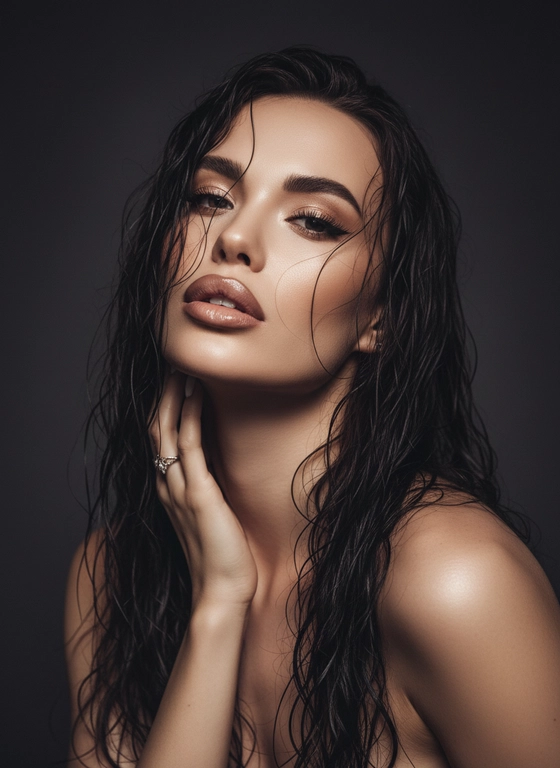 Создайте портрет женщины с длинными, волнистыми, влажными волосами, свободно ниспадающими на плечи, некоторые пряди прилипают к лицу. Она чувственно смотрит в камеру, слегка откинув голову назад, словно наслаждаясь мгновением покоя или чувственности. Её рука нежно лежит на шее, на пальце – эффектное сверкающее кольцо. Плечи опущены. Тёмный, почти однотонный и размытый фон подчёркивает силуэт и лицо женщины. Весь образ мастерски передан с помощью размытия в движении и световых бликов, которые создают ощущение естественного, сказочного движения головы и руки. Мягкие, тёплые тона, лёгкое свечение кожи и губ создают интимную, чувственную и таинственную атмосферу. Эффекты: размытие в движении, художественная длительная выдержка, тёплые тона, атмосфера сновидения. Макияж выразительный: длинные чёрные ресницы, бежевые тени с лёгким мерцанием, выразительные контуры и румяна, безупречная кожа и пухлые губы с нюдовым блеском и тёмно-коричневым карандашом для губ. Ухоженные брови с эффектом Bravenlifting. Длинные, заостренные ногти. Реалистичное фото, как будто снято на профессиональную камеру. Сохраните черты лица такими, какие они есть.