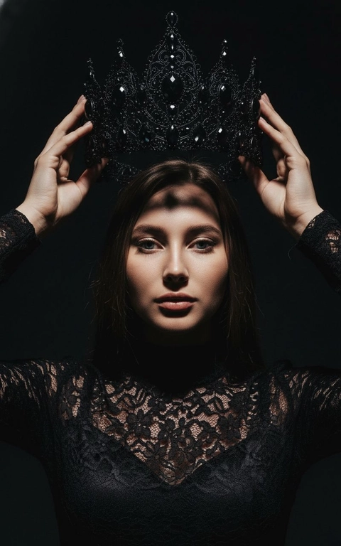 Модный портрет женщины крупным планом, стоящей прямо перед камерой, со слегка приподнятым подбородком. Она держит двумя руками почти над головой искусно выполненную корону с богатым филигранным орнаментом и крупными сверкающими драгоценными камнями. Корона находится в резком фокусе, отбрасывая тень на лицо. Освещение падает сверху, подчёркивая корону и создавая драматичный, контрастный эффект. Тёмная тень на лице усиливает ощущение таинственности и элегантности. Её платье – из тонкого чёрного кружева с высоким воротом. Фон темный, усиливая драматизм. Корона черного цвета.